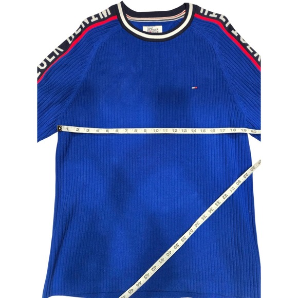 Tommy Hilfiger Denim Men's Ribbed Knit Sweater Blue Logo Tape Sleeves Size L - Picture 3 of 6